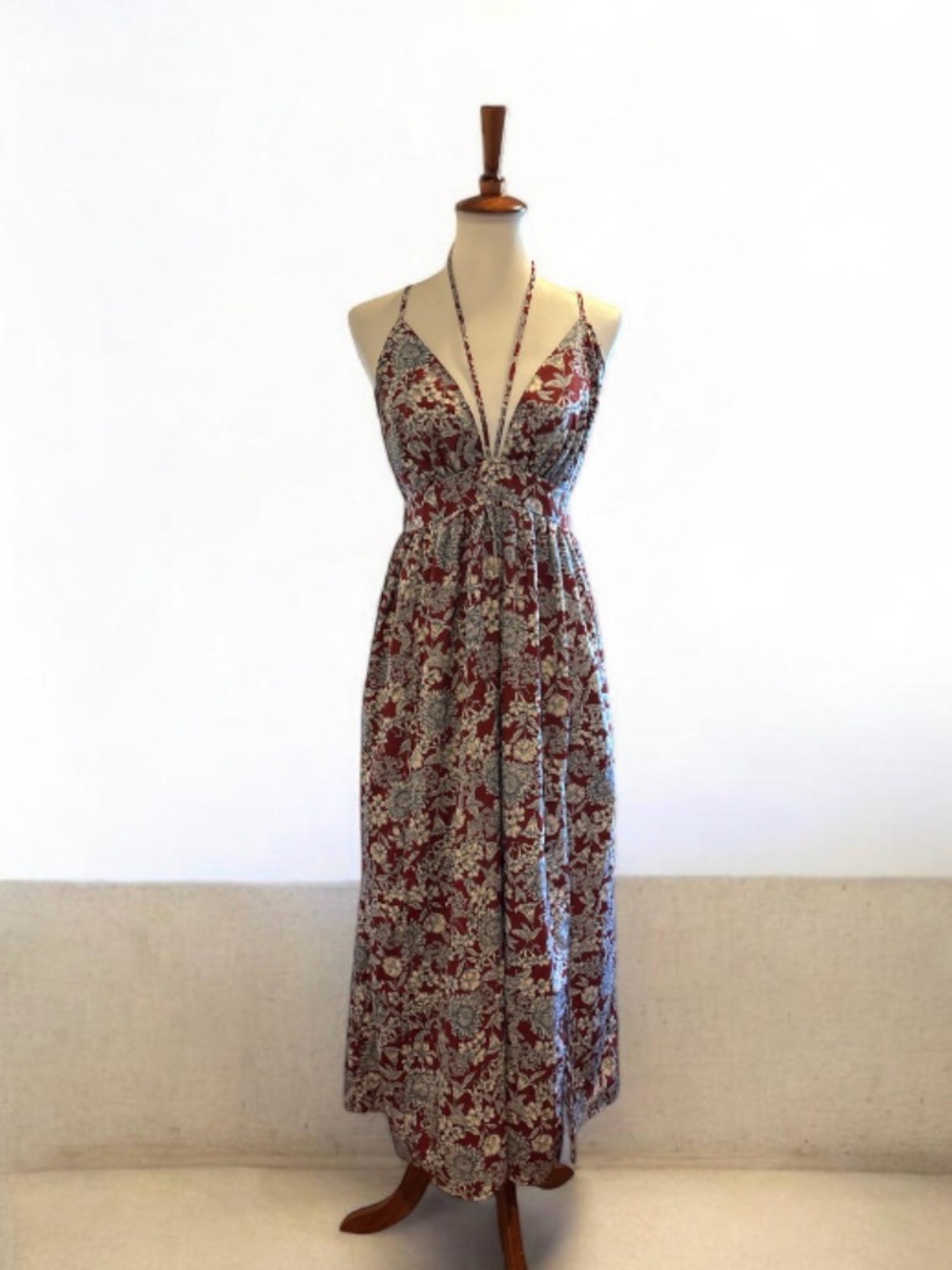 Blush BJ Floral Halter Backless Maxi Dress Medium Rust Orange Blue Boho Casual